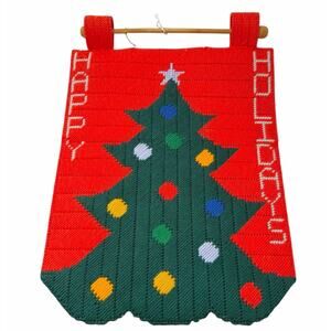 Vintage Handmade Woven Fabric Happy Holiday Tree Hanging Flag Deco Christmas Red